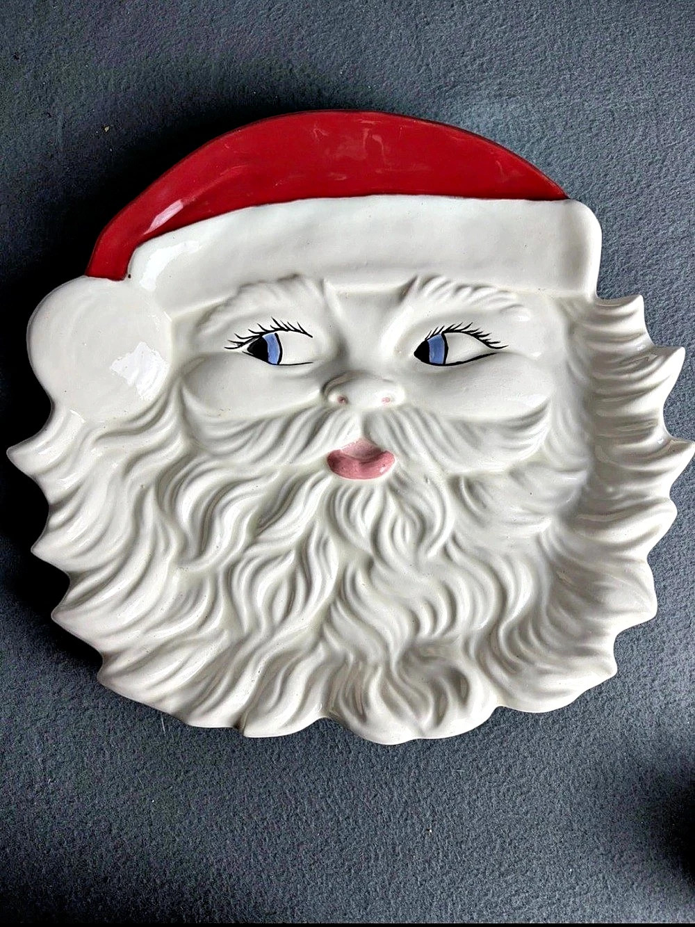 Vintage 1996 Santa Face Ceramic Platter Kitschy Retro Christmas Holiday Decor